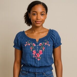Hollister Navy Blue On/Off Shoulder Top with Pink Floral Embroidery Large